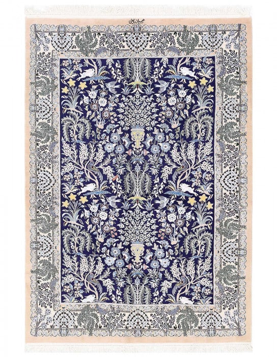 Navy Blue Hand Knotted Persian silk & wool Nain 4'11'' X 7'1'' (1 of 4)