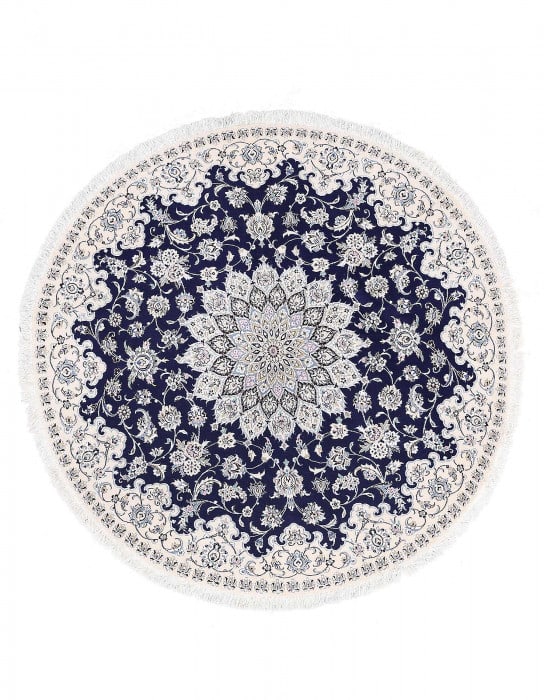 Navy blue fine hand knotted persian silk & wool Nain round rug 7' X 7': Navy blue fine hand knotted persian silk & wool Nain round rug 7' X 7' - New, Nain, Hand-Knotted, Wool & Silk, 300 -D13425- 862.This item is part of our fine auction collection which includes many fin