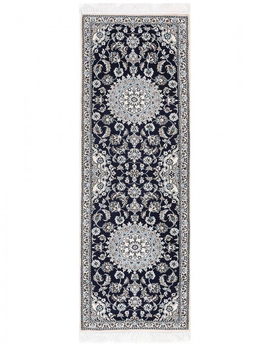 Navy Blue Fine Hand Knotted Persian Silk & wool Nain 2'1"X 6'7": Navy Blue Fine Hand Knotted Persian Silk & wool Nain 2'1"X 6'7" - N/A, Nain, Hand-Knotted, Wool & Silk, 300 -D13655- 862.This item is part of our fine auction collection which includes many fine home