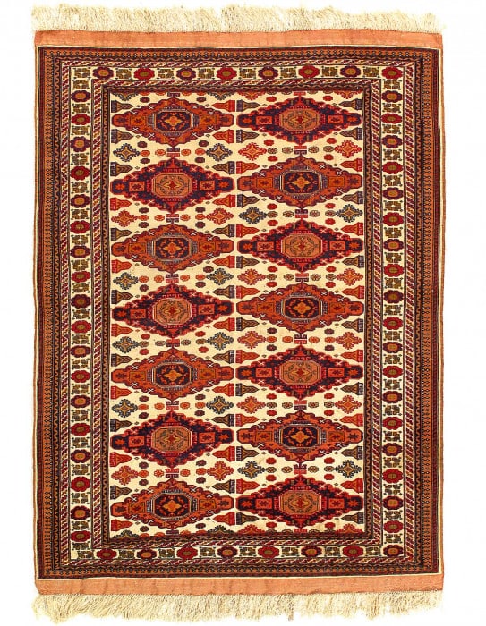 Fine Antique Hand-Knotted silk Torkaman 4' x 5'4": Fine Antique Hand-Knotted silk Torkaman 4' x 5'4" - Circa 1960, Turkaman, Hand-Knotted, Pure Silk, 300 -D14578- 862.This item is part of our fine auction collection which includes many fine home acces