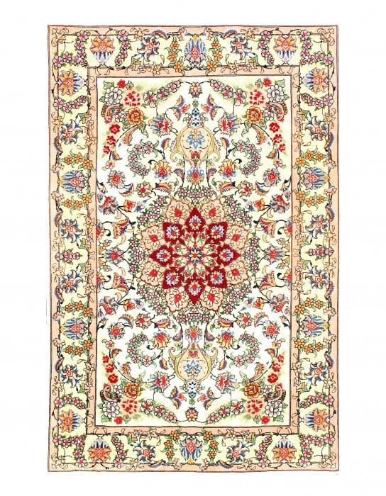 Ivory Persian Tabriz silk & wool 3'4" X 5': Ivory Persian Tabriz silk & wool 3'4" X 5' - New, Tabriz, Hand-Knotted, Wool & Silk, 300 -D09699- 862.This item is part of our fine auction collection which includes many fine home accessories includi