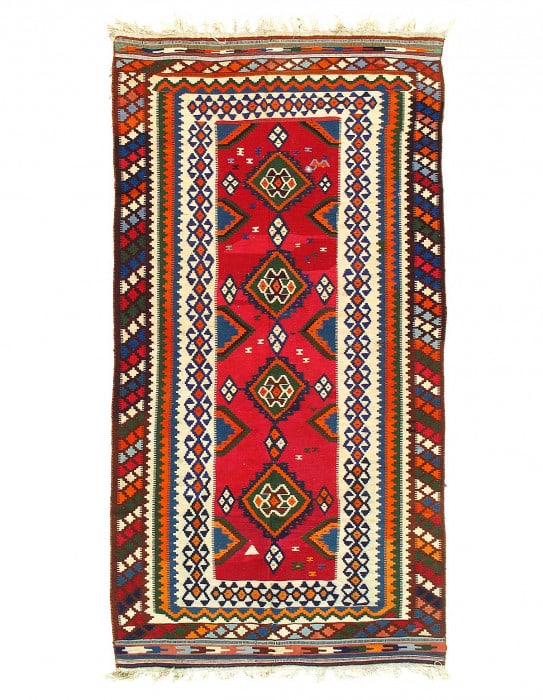 Red Vintage Persian Reversible Kilim Flat Weave 4'6"X 9': Red Vintage Persian Reversible Kilim Flat Weave 4'6"X 9' - CIRCA 1950, Shiraz, Hand-Woven, Lamb's Wool, 300 -52288- 862.This item is part of our fine auction collection which includes many fine home a