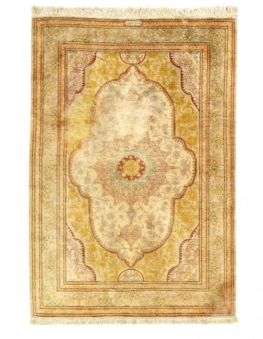 Persian Fine Hand Pure silk Qum rug 2'8'' X 3'11'': Persian Fine Hand Pure silk Qum rug 2'8'' X 3'11'' - , Qum, Hand-Knotted, Pure Silk, 300 -D11951- 862.This item is part of our fine auction collection which includes many fine home accessories