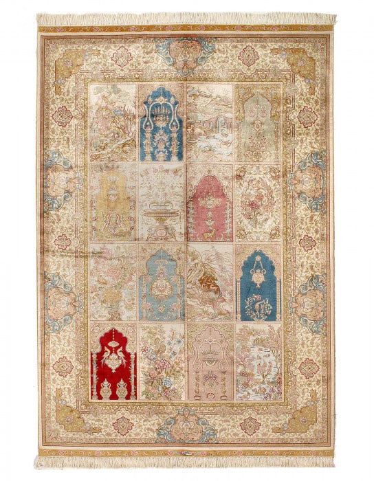 Fine Hand knotted Pure silk Qum design 4'5'' X 6'5'': Fine Hand knotted Pure silk Qum design 4'5'' X 6'5'' - New, Qum, Hand-Knotted, Pure Silk, 300 -D10074- 862.This item is part of our fine auction collection which includes many fine home accessories in