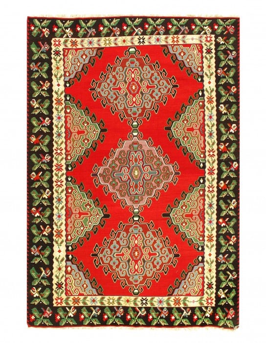 Red Fine Hand knotted Turkish Kilim 6'11'' X 9'11'': Red Fine Hand knotted Turkish Kilim 6'11'' X 9'11'' - Circa 1970, NorthWest, Flatweave, Flat Weave, 300 -53553- 862.This item is part of our fine auction collection which includes many fine home acces