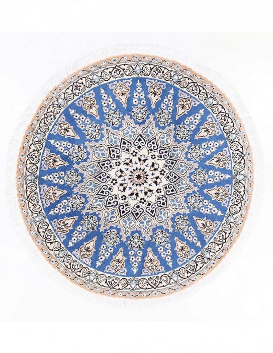 Light blue Color Hand knotted Persian silk & wool Nain round rug 3'9"X 3'9": Light blue Color Hand knotted Persian silk & wool Nain round rug 3'9"X 3'9" - NEW, Nain, Hand-Knotted, Wool & Silk, 300 -D13699- 862.This item is part of our fine auction collection which includes man