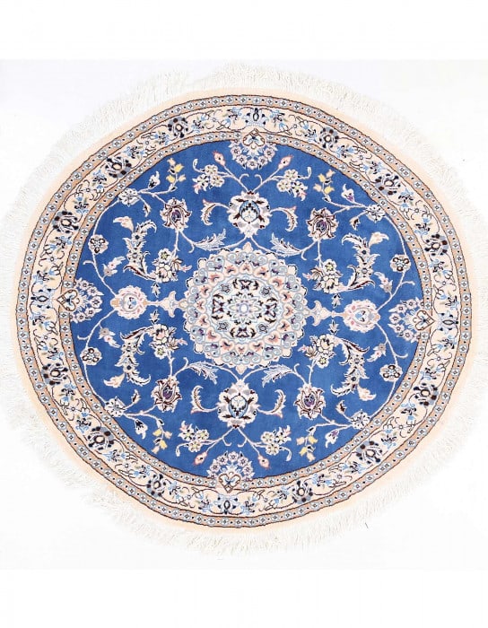 Light blue Color Hand knotted Persian silk & wool Nain round rug 4'X 4': Light blue Color Hand knotted Persian silk & wool Nain round rug 4'X 4' - NEW, Nain, Hand-Knotted, Wool & Silk, 300 -D13605- 862.This item is part of our fine auction collection which includes many fi