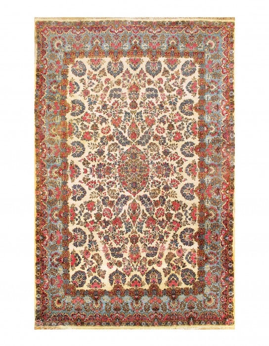 Ivory Antique Persian Kerman 10' X 15'8": Ivory Antique Persian Kerman 10' X 15'8" - circa 1920, kerman, Hand-Knotted, Lamb's Wool, 300 -D07736- 862.This item is part of our fine auction collection which includes many fine home accessories in