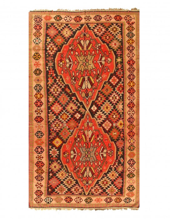 Rust Russian Antique Kilim 7'3"x 13': Rust Russian Antique Kilim 7'3"x 13' - CIRCA 1940, Kazak, Hand-Knotted, Lamb's Wool, 300 -15627- 862.This item is part of our fine auction collection which includes many fine home accessories includin