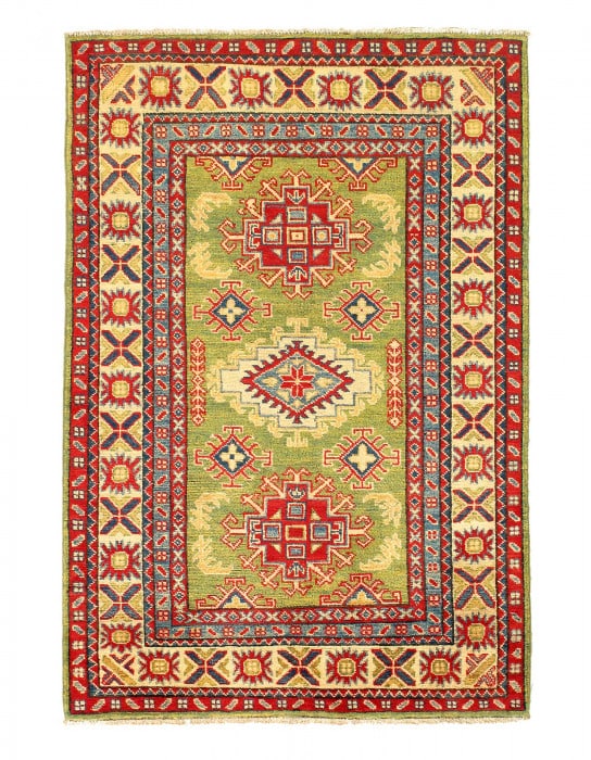 Green Fine Hand knotted Kazak 3'4"x 5'1": Green Fine Hand knotted Kazak 3'4"x 5'1" - NEW, Kazak, Hand-Knotted, Lamb's Wool, 300 -D14121- 862.This item is part of our fine auction collection which includes many fine home accessories including