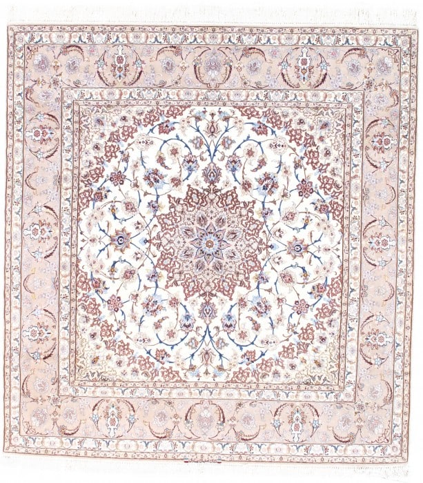 Ivory Isfahan Hand-Knotted Silk & Korker 7' X 7': Ivory Isfahan Hand-Knotted Silk & Korker 7' X 7' - New, Isfahan, Hand-Knotted, Wool & Silk, 300 -D08560- 862.This item is part of our fine auction collection which includes many fine home accessories