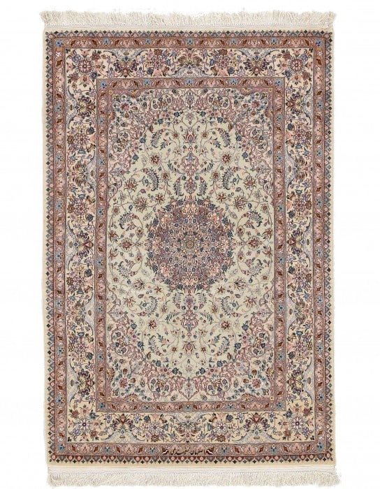 Ivory Persian Isfahan silk & wool 3'9" X 5'8": Ivory Persian Isfahan silk & wool 3'9" X 5'8" - New, Isfahan, Hand-Knotted, Wool & Silk, 300 -D09590- 862.This item is part of our fine auction collection which includes many fine home accessories inc
