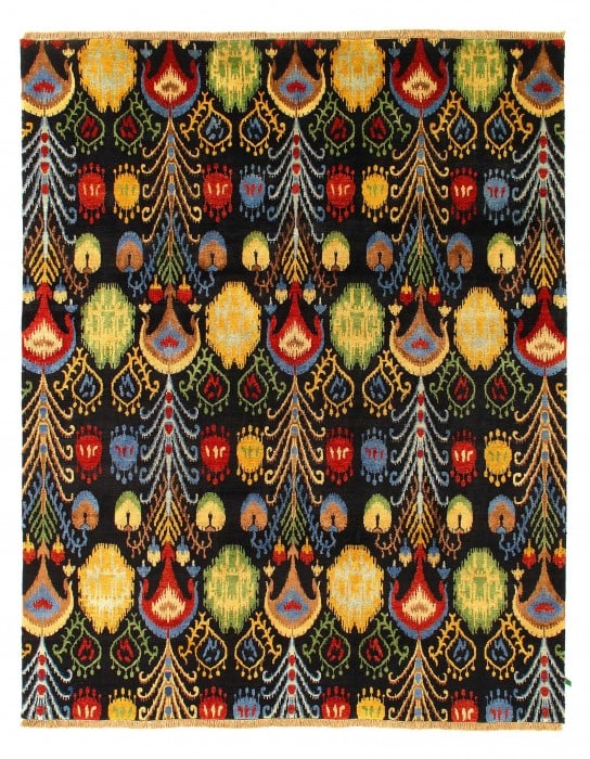 Multi Color Fine Hand Knotted Ikat Rug 7'11'' X 9'9'': Multi Color Fine Hand Knotted Ikat Rug 7'11'' X 9'9'' - New, Ikat, Hand-Knotted, Wool & Silk, 300 -D04542- 862.This item is part of our fine auction collection which includes many fine home accessorie