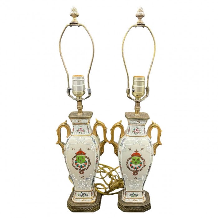 Pair JEAN Signed Hand Painted Crest Motif Lamps 22"H X 6"W: Pair JEAN Signed Hand Painted Crest Motif Lamps 22"H X 6"W - N/A, Traditional, N/A, Porcelain/Ceramic, 300 -TAP-512- 862.This item is part of our fine auction collection which includes many fine home