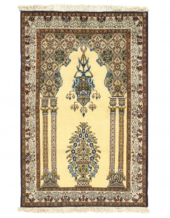 Ivory Persian Wool & Silk Qum 3' X 5': Ivory Persian Wool & Silk Qum 3' X 5' - circa 1980, Qum, Hand-Knotted, Wool & Silk, 300 -D03397- 862.This item is part of our fine auction collection which includes many fine home accessories includin