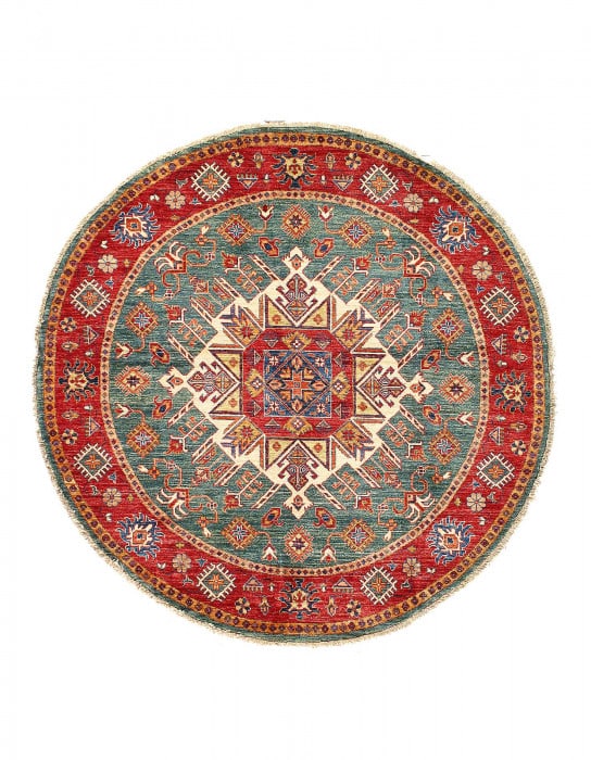 Green Color Fine Hand Knotted Round Kazak 5'3"X 5'3": Green Color Fine Hand Knotted Round Kazak 5'3"X 5'3" - New, Kazak, Hand-Knotted, Lamb's Wool, 300 -D14077- 862.This item is part of our fine auction collection which includes many fine home accessorie