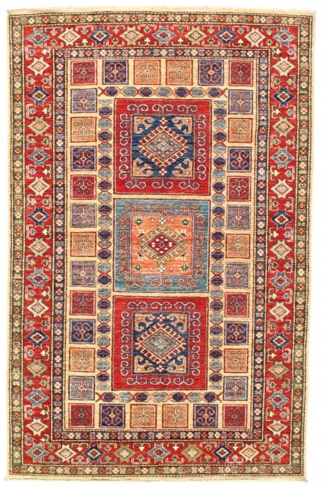Multi color Pak Super Kazak Lamb's Wool Rug 4' X 6': Multi color Pak Super Kazak Lamb's Wool Rug 4' X 6' - New, Kazak, Hand-Knotted, Wool on Cotton, 300 -D08792- 862.This item is part of our fine auction collection which includes many fine home accessor