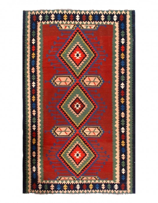 Red Fine Hand knotted Russian Kazak 6' 6'' X 10'11'': Red Fine Hand knotted Russian Kazak 6' 6'' X 10'11'' - Circa 1940, Kazak, Hand-Knotted, Flat Weave, 300 -17300- 862.This item is part of our fine auction collection which includes many fine home acces