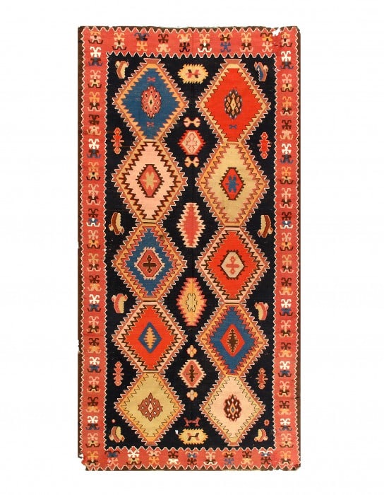 Multi Color Antique Russian Kazak 5'11'' X 11'8'': Multi Color Antique Russian Kazak 5'11'' X 11'8'' - Circa 1940, Kazak, Hand-Knotted, Flat Weave, 300 -14168- 862.This item is part of our fine auction collection which includes many fine home accessor