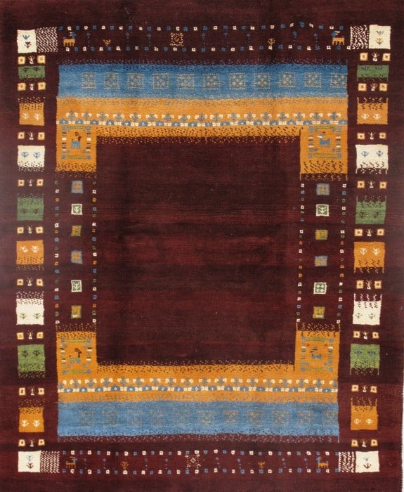 Red Persian Gabbeh 5'2" x 6'5": Red Persian Gabbeh 5'2" x 6'5" - New, Gabbeh, Hand-Knotted, Lamb's Wool, 300 -D09262- 862.This item is part of our fine auction collection which includes many fine home accessories including antique r