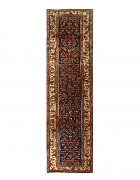 Navy Persian Antique Bidjar Runner 4'.3'' X 16'.3'': Navy Persian Antique Bidjar Runner 4'.3'' X 16'.3'' - circa 1880, Bidjar, Hand-Knotted, Lamb's Wool, 300 -D07729- 862.This item is part of our fine auction collection which includes many fine home acc