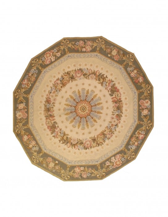 Beige Classic Aubusson Octagon Rug 8' X 8': Beige Classic Aubusson Octagon Rug 8' X 8' - New, Abussan, Hand-Knotted, Lamb's Wool, 300 -D11065- 862.This item is part of our fine auction collection which includes many fine home accessories includ