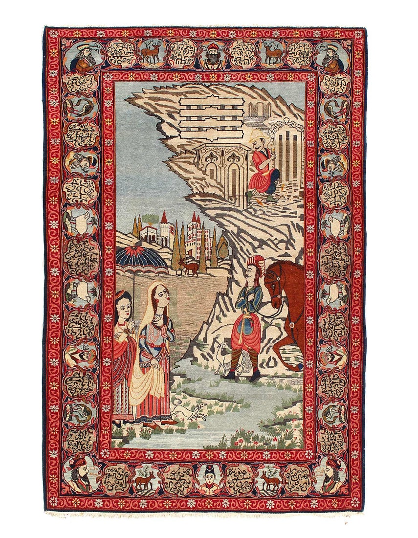 Fine Hand Knotted Persian Antique Scenery Kashan Rug 4'3"X 7': Fine Hand Knotted Persian Antique Scenery Kashan Rug 4'3"X 7' - circa 1930, Kashan, Hand-Knotted, Lamb's Wool, 300 -D15266- 862.This item is part of our fine auction collection which includes many fin