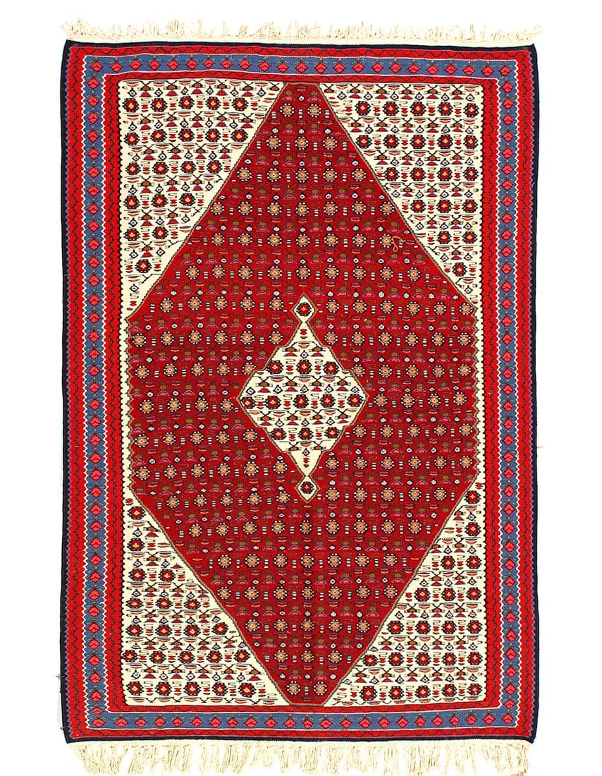Multi Color Persian Kilim 3'8"X 5'5": Multi Color Persian Kilim 3'8"X 5'5" - CIRCA 1970, Shiraz, Hand-Woven, Lamb's Wool, 300 -20303- 862.This item is part of our fine auction collection which includes many fine home accessories