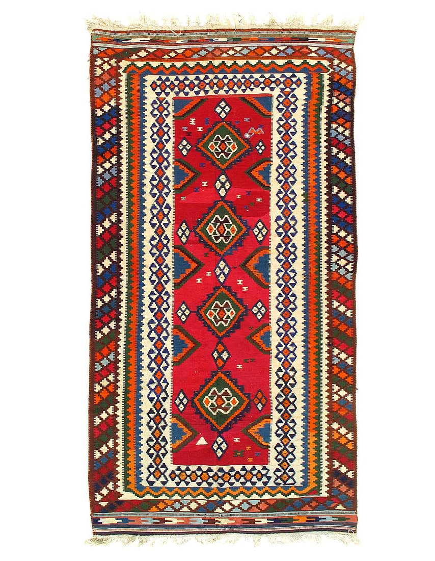 Red Vintage Persian Reversible Kilim Flat Weave 4'6"X 9': Red Vintage Persian Reversible Kilim Flat Weave 4'6"X 9' - CIRCA 1950, Shiraz, Hand-Woven, Lamb's Wool, 300 -52288- 862.This item is part of our fine auction collection which includes many fine home