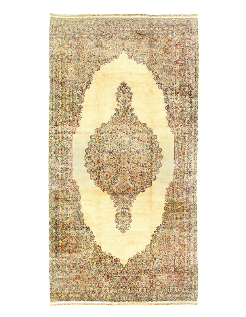 Ivory Color Fine Hand Knotted Persian Kerman 11'7'' 22'2'': Ivory Color Fine Hand Knotted Persian Kerman 11'7'' 22'2'' - Circa 1940, kerman, Hand-Knotted, Lamb's Wool, 300 -D07030- 862.This item is part of our fine auction collection which includes many fine h