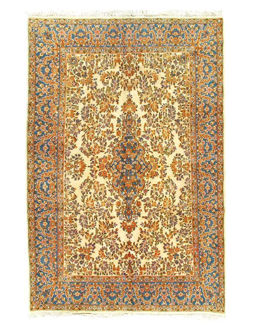 Ivory Semi-Antique Persian Kerman 6'X9'2": Ivory Semi-Antique Persian Kerman 6'X9'2" - circa 1960, kerman, Hand-Knotted, Lamb's Wool, 300 -D09707- 862.This item is part of our fine auction collection which includes many fine home accessories i