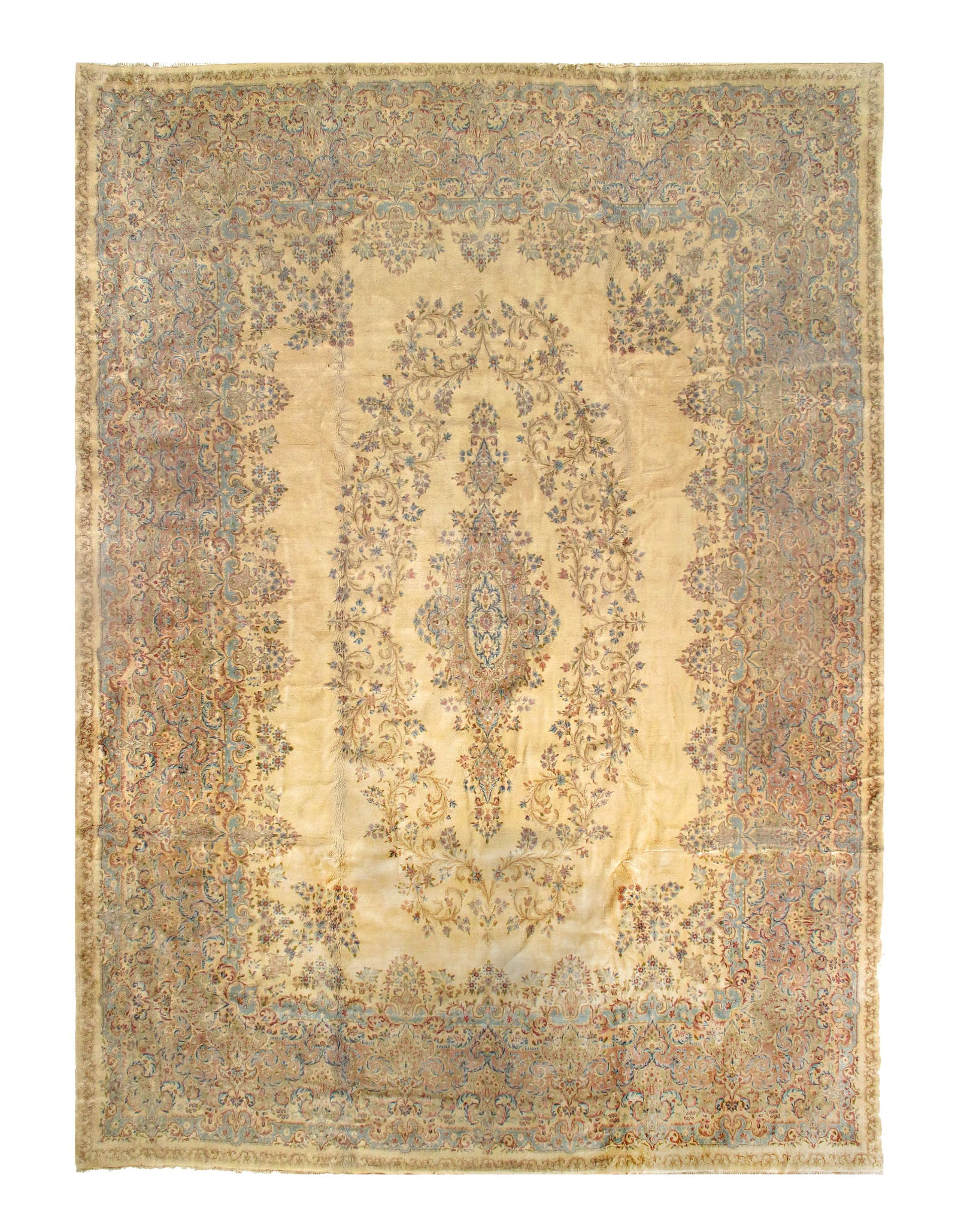 Ivory Persian Kerman 13'9'' X 20': Ivory Persian Kerman 13'9'' X 20' - Circa 1960, kerman, Hand-Knotted, Lamb's Wool, 300 -D07676- 862.This item is part of our fine auction collection which includes many fine home accessories including
