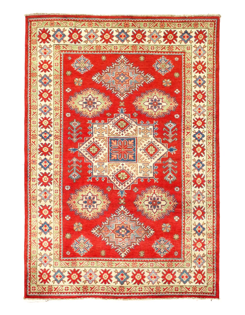 Fine Hand knotted Kazak Rug 4'11'' X 7': Fine Hand knotted Kazak Rug 4'11'' X 7' - New, Kazak, Hand-Knotted, Lamb's Wool, 300 -D14137- 862.This item is part of our fine auction collection which includes many fine home accessories including a