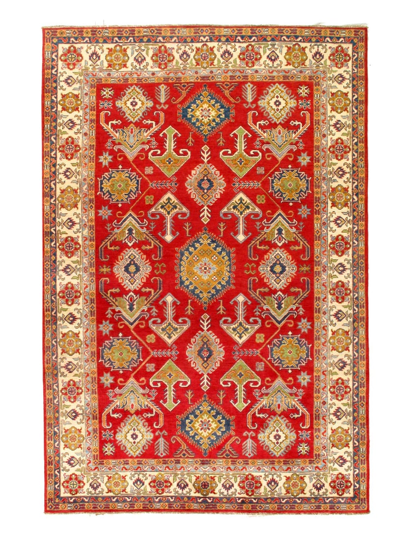 Red Color Fine Hand knotted Kazak rug 6'5'' X 9'7'': Red Color Fine Hand knotted Kazak rug 6'5'' X 9'7'' - New, Kazak, Hand-Knotted, Lamb's Wool, 300 -D14131- 862.This item is part of our fine auction collection which includes many fine home accessories