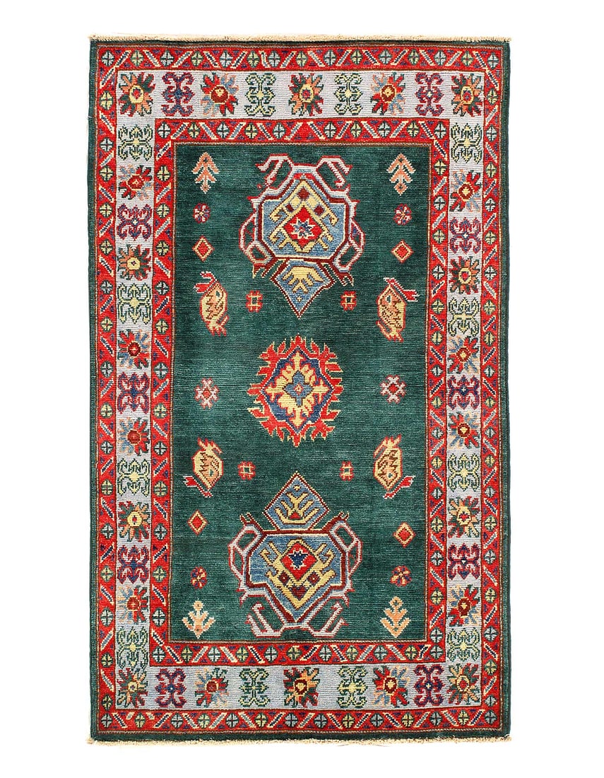 Green color Fine Hand knotted Kazak 3'1'' X 4'8'': Green color Fine Hand knotted Kazak 3'1'' X 4'8'' - New, Kazak, Hand-Knotted, Lamb's Wool, 300 -D14139- 862.This item is part of our fine auction collection which includes many fine home accessories i