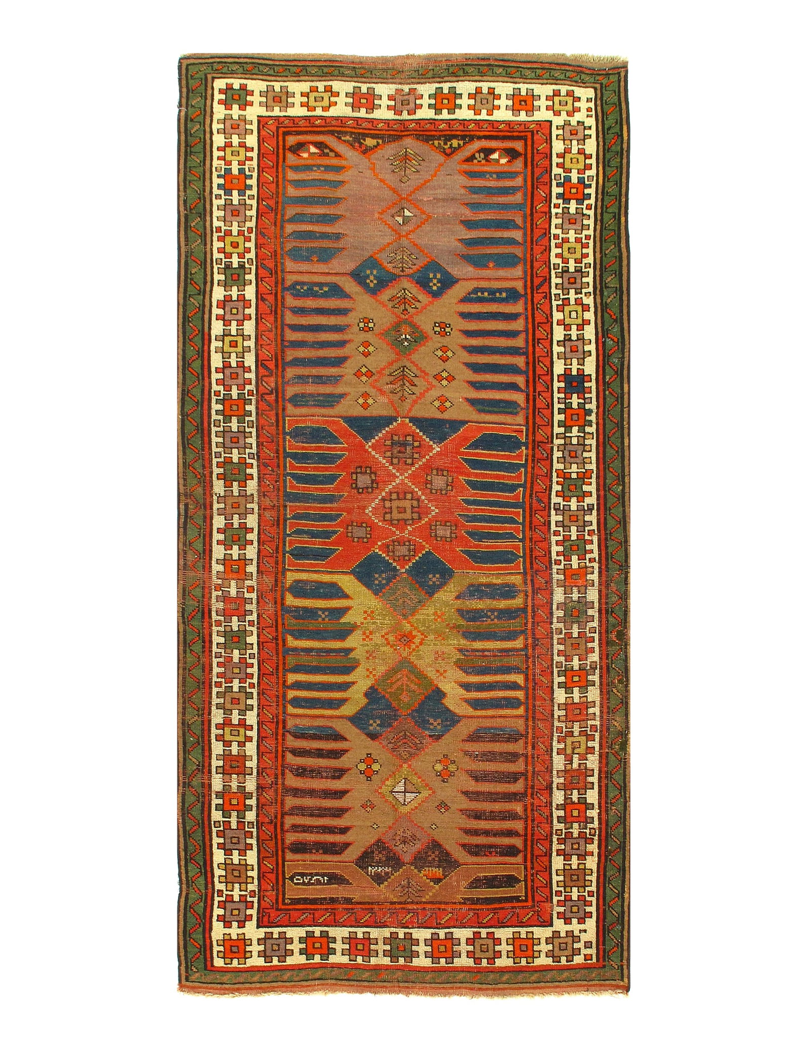 Multi Color Azarbaijan Antique Kazak 3'9'' X 7'8'': Multi Color Azarbaijan Antique Kazak 3'9'' X 7'8'' - Circle 1900, Kazak, Hand-Knotted, Lamb's Wool, 300 -36760- 862.This item is part of our fine auction collection which includes many fine home acces