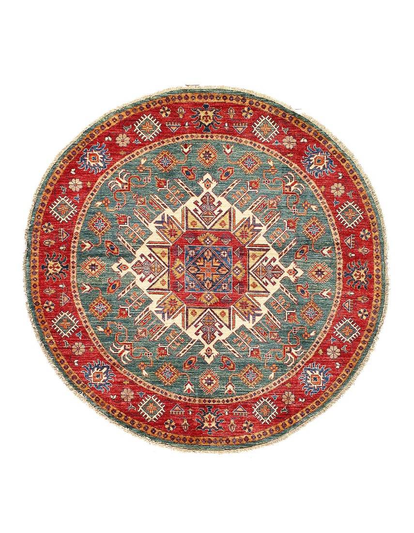 Green Color Fine Hand Knotted Round Kazak 5'3"X 5'3": Green Color Fine Hand Knotted Round Kazak 5'3"X 5'3" - New, Kazak, Hand-Knotted, Lamb's Wool, 300 -D14077- 862.This item is part of our fine auction collection which includes many fine home accessorie