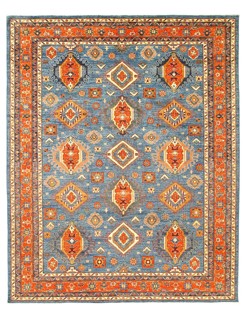 Light Blue Fine Hand knotted Kazak 8' X 9'9'': Light Blue Fine Hand knotted Kazak 8' X 9'9'' - New, Kazak, Hand-Knotted, Lamb's Wool, 300 -D14568- 862.This item is part of our fine auction collection which includes many fine home accessories inclu