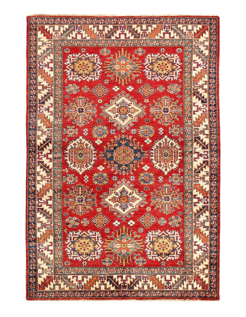 Red color Super fine hand knotted kazak rug 4' X 5'11'': Red color Super fine hand knotted kazak rug 4' X 5'11'' - New, Kazak, Hand-Knotted, Lamb's Wool, 300 -D14076- 862.This item is part of our fine auction collection which includes many fine home accesso