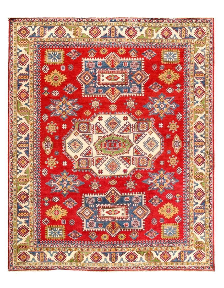 Red Color Fine Hand knotted Kazak 8' X 9'11'': Red Color Fine Hand knotted Kazak 8' X 9'11'' - New, Kazak, Hand-Knotted, Lamb's Wool, 300 -D14115- 862.This item is part of our fine auction collection which includes many fine home accessories inclu