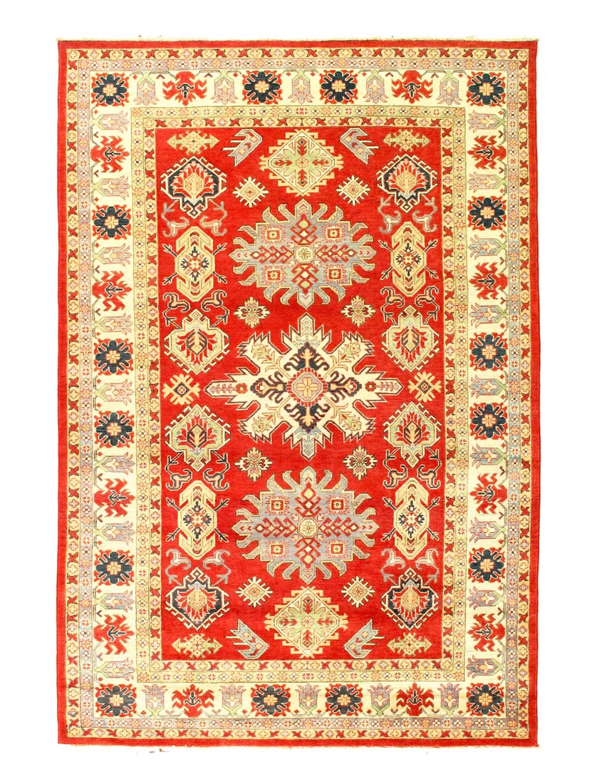 Red Color Fine Hand knotted Kazak 6'7'' X 9'11'': Red Color Fine Hand knotted Kazak 6'7'' X 9'11'' - New, Kazak, Hand-Knotted, Lamb's Wool, 300 -D14116- 862.This item is part of our fine auction collection which includes many fine home accessories in
