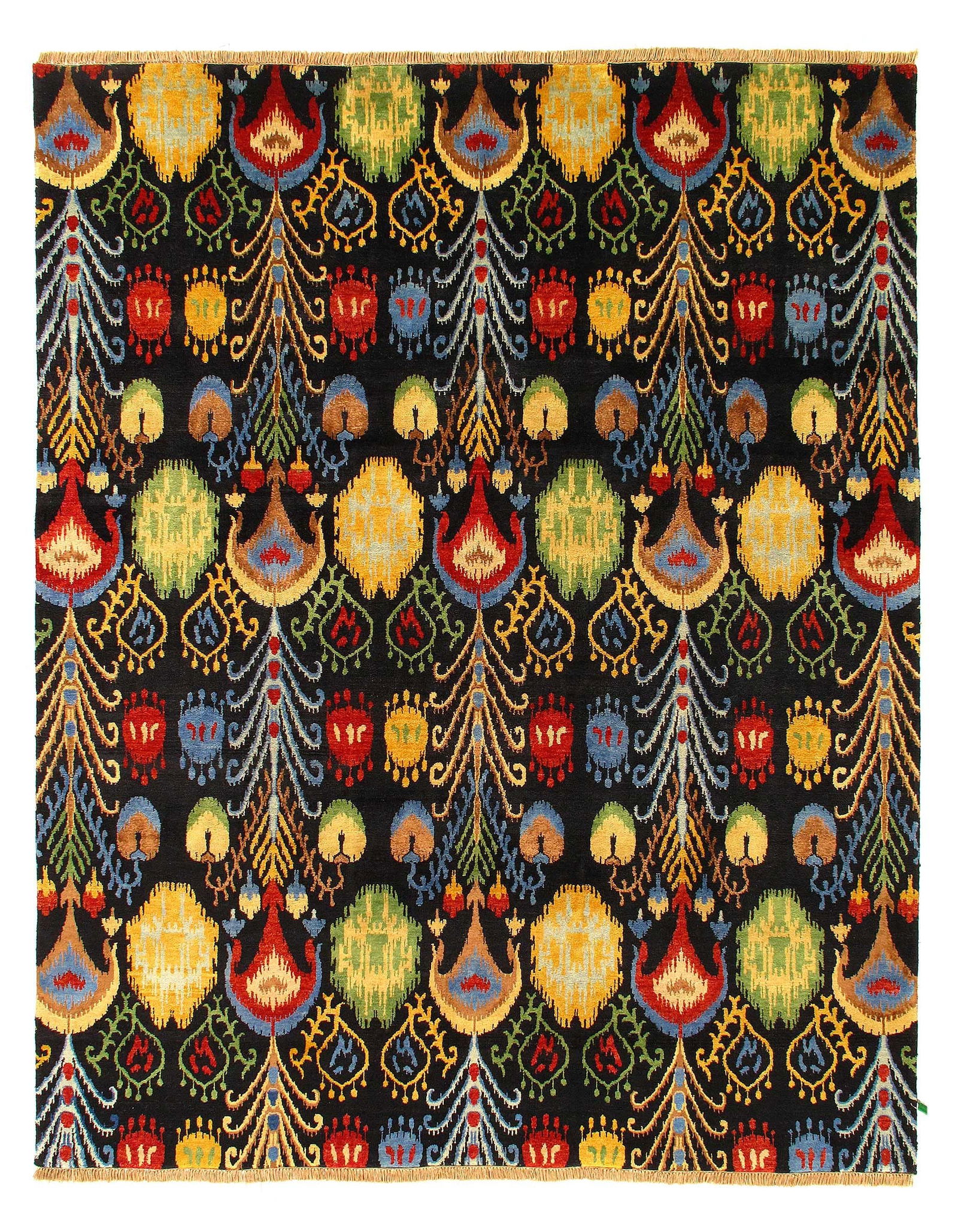Multi Color Fine Hand Knotted Ikat Rug 7'11'' X 9'9'': Multi Color Fine Hand Knotted Ikat Rug 7'11'' X 9'9'' - New, Ikat, Hand-Knotted, Wool & Silk, 300 -D04542- 862.This item is part of our fine auction collection which includes many fine home accessorie
