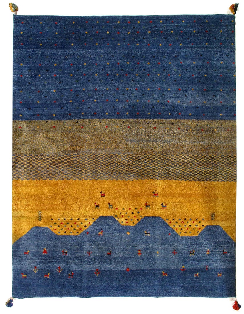 Gold and Blue Gabbeh Design 8' X 10': Gold and Blue Gabbeh Design 8' X 10' - New, Gabbeh, Hand-Woven, Lamb's Wool, 300 -24307- 862.This item is part of our fine auction collection which includes many fine home accessories including