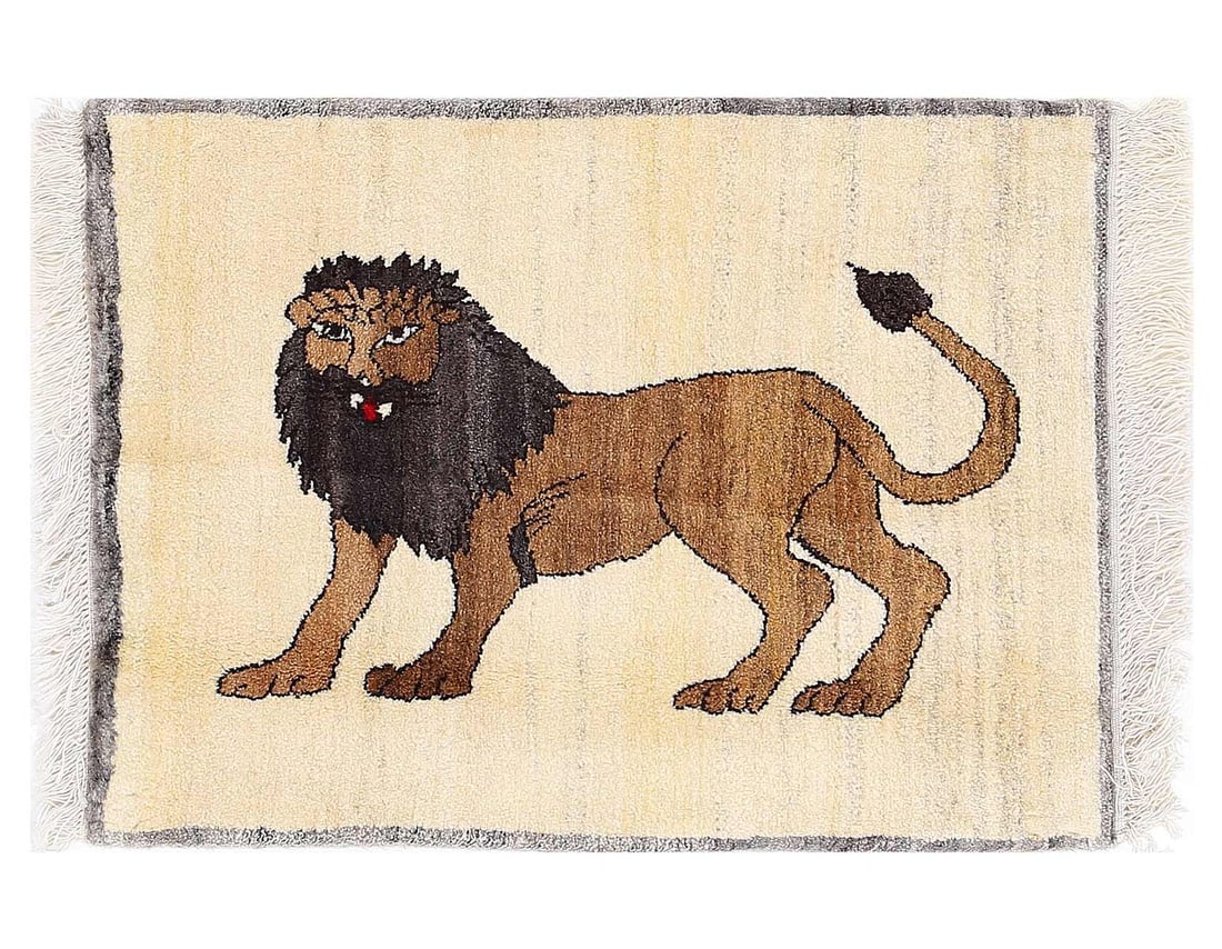 Handmade Persian Gabbeh Pictorial Lion Accent 2'1"X 3': Handmade Persian Gabbeh Pictorial Lion Accent 2'1"X 3' - NEW, Gabbeh, Hand-Knotted, Lamb's Wool, 300 -D13571- 862.This item is part of our fine auction collection which includes many fine home accesso