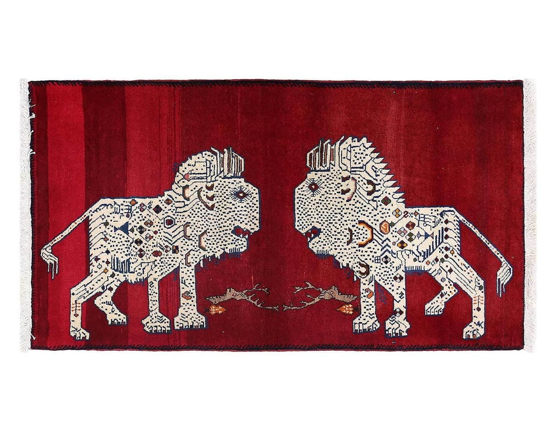 Fine Hand knotted Persian lion design Shiraz rug 2'5"x 4'7": Fine Hand knotted Persian lion design Shiraz rug 2'5"x 4'7" - Circa 2010, Gabbeh, Hand-Knotted, Lamb's Wool, 300 -D13624- 862.This item is part of our fine auction collection which includes many fine