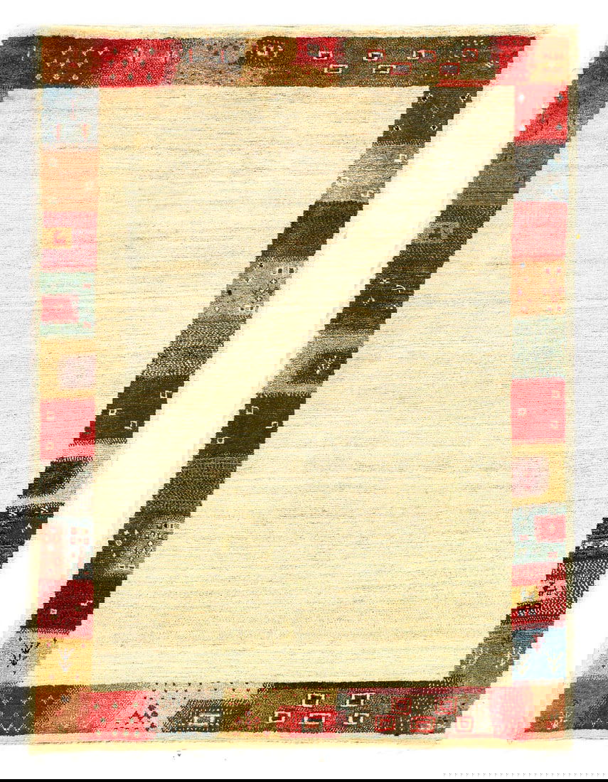 Ivory Hand Knotted Persian gabbeh Rug 3'4"X 4'5': Ivory Hand Knotted Persian gabbeh Rug 3'4"X 4'5' - NEW, Gabbeh, Hand-Knotted, Lamb's Wool, 300 -D03025- 862.This item is part of our fine auction collection which includes many fine home accessories i