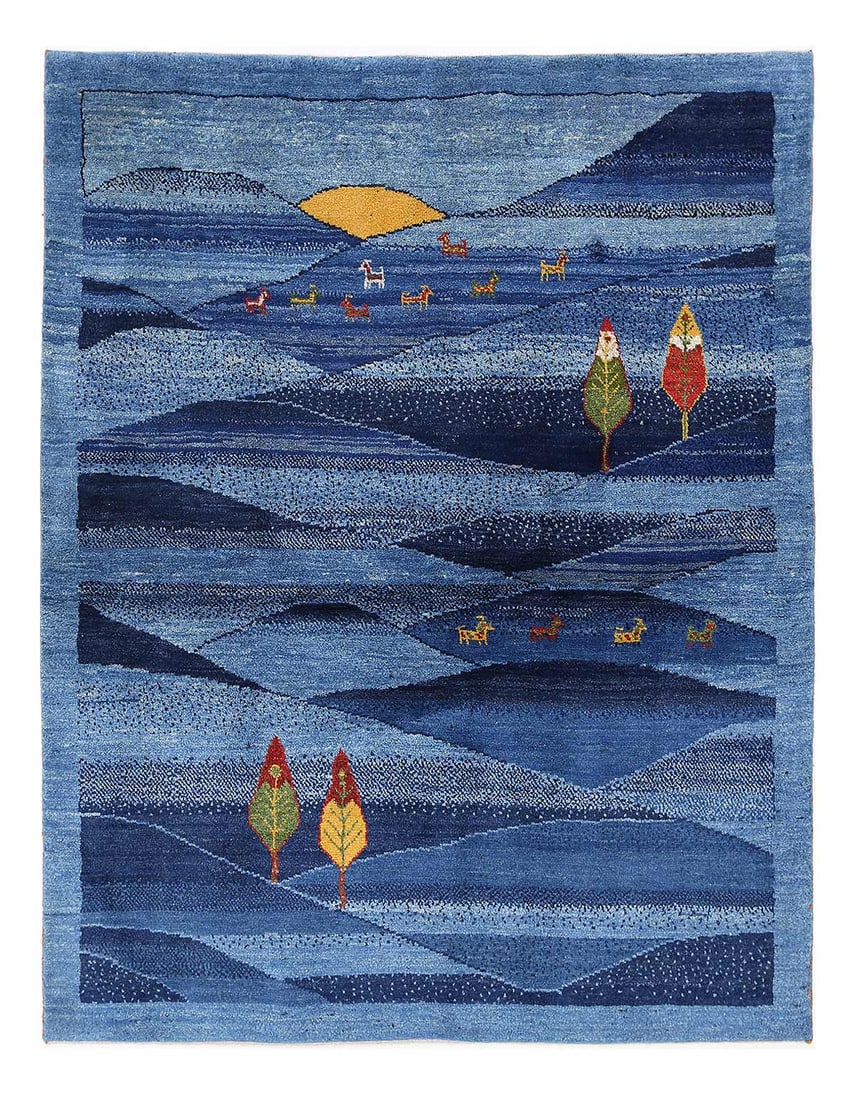 Blue Color Fine Hand knotted Persian Gabbeh 5'1'' X 6'7'': Blue Color Fine Hand knotted Persian Gabbeh 5'1'' X 6'7'' - New, Gabbeh, Hand-Knotted, Lamb's Wool, 300 -D13884- 862.This item is part of our fine auction collection which includes many fine home acce