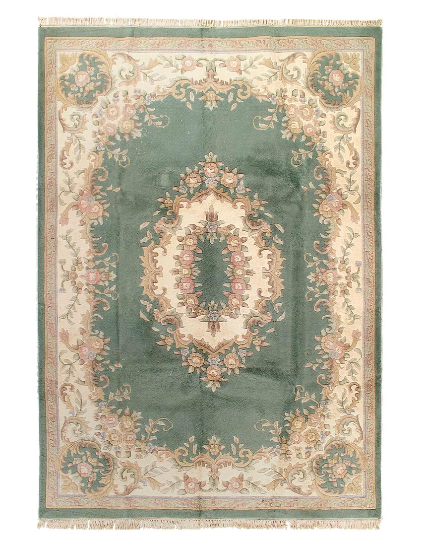 Light Green Hand Knotted Savonnerie 8'3"x 11'6": Light Green Hand Knotted Savonnerie 8'3"x 11'6" - CIRCA 1940, Antique, Hand-Knotted, Lamb's Wool, 300 -d08445- 862.This item is part of our fine auction collection which includes many fine home access