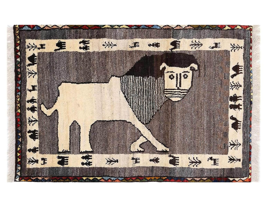 Handmade Persian Gabbeh Pictorial Lion Accent 3'4" X 5': Handmade Persian Gabbeh Pictorial Lion Accent 3'4" X 5' - NEW, Animal, Hand-Knotted, Lamb's Wool, 300 -D13838- 862.This item is part of our fine auction collection which includes many fine home access
