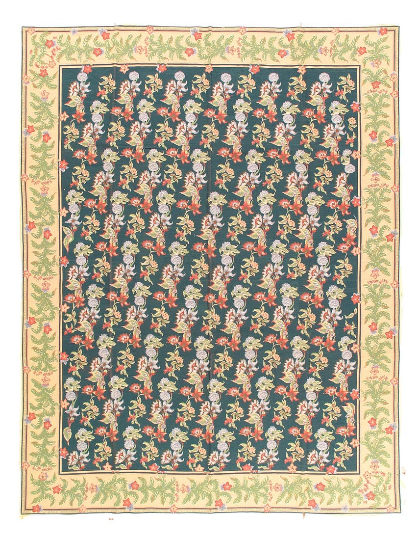 Green Fine Hand Knotted Flat weave Aubusson rug 7'8"X 9'8": Green Fine Hand Knotted Flat weave Aubusson rug 7'8"X 9'8" - N/A, Abuson, Hand-Woven, Lamb's Wool, 300 -16437- 862.This item is part of our fine auction collection which includes many fine home access